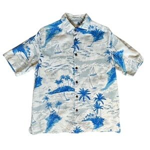 Island Republic S/S Casual Button Down Cream Blue Silk Shirt Men’s Large.